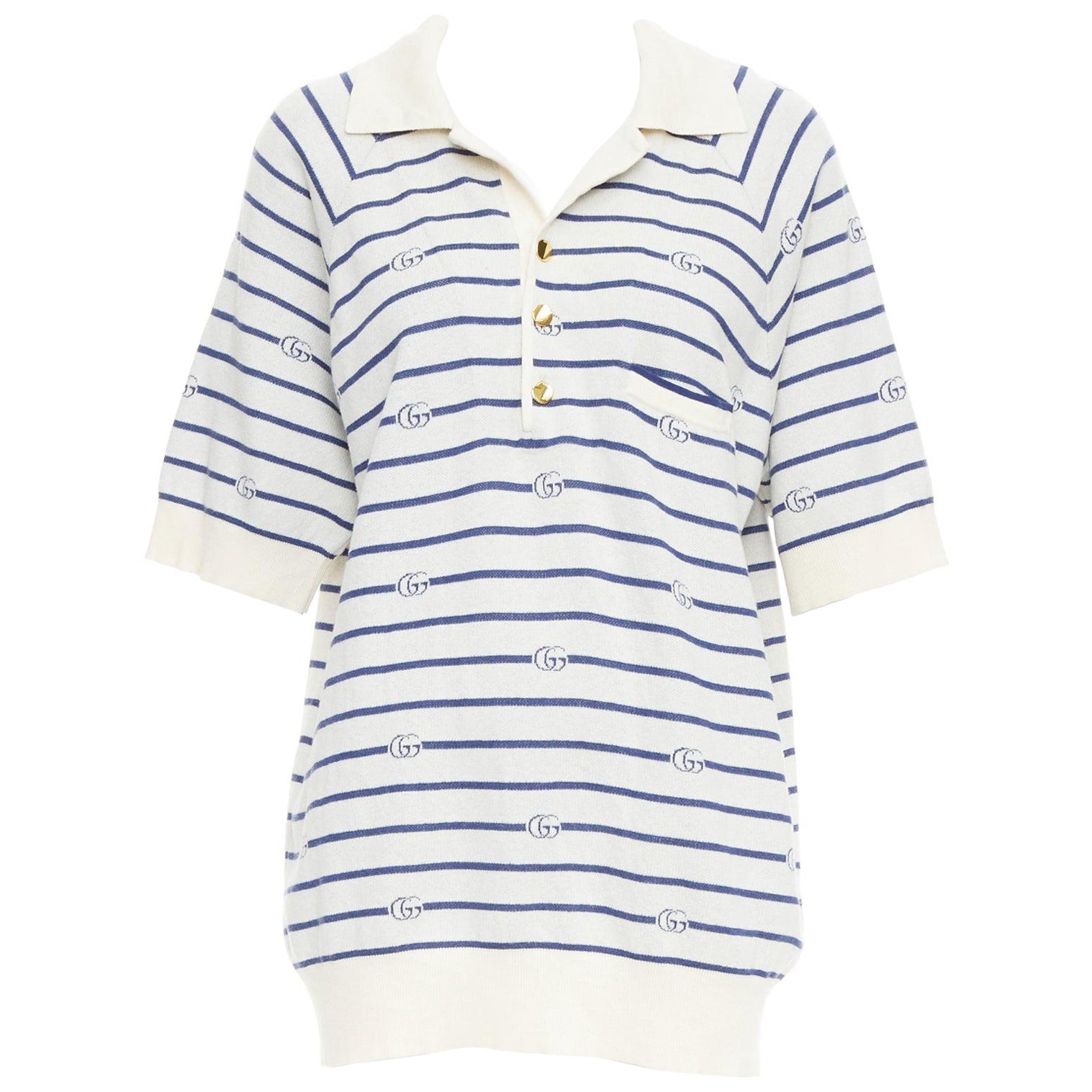 GUCCI navy cream cotton wool GG logo striped oversized polo shirt XXXL For Sale
