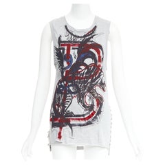 BALMAIN 2011 Christophe Decarnin Punk Graffiti silver pin ripped tank top FR38 M