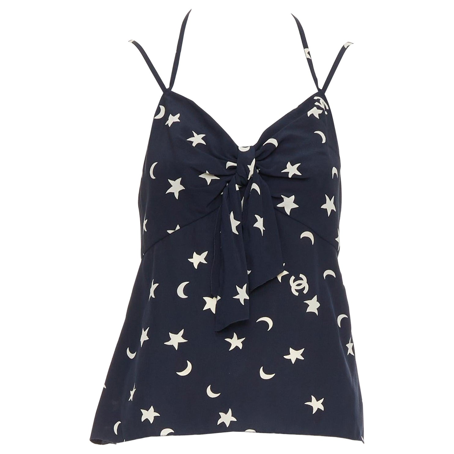 CHANEL 2008 navy off white 100% silk CC logo moon star bow camisole FR36 S For Sale