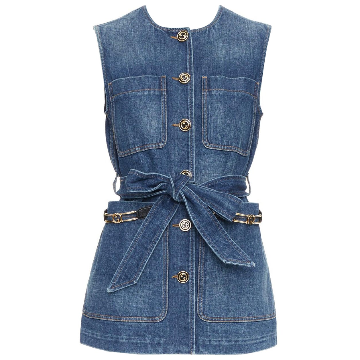 GUCCI blue denim gold GG buttons horsebit leather belted vest IT38 XS For Sale