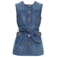 GUCCI blue denim gold GG buttons horsebit leather belted vest IT38 XS
