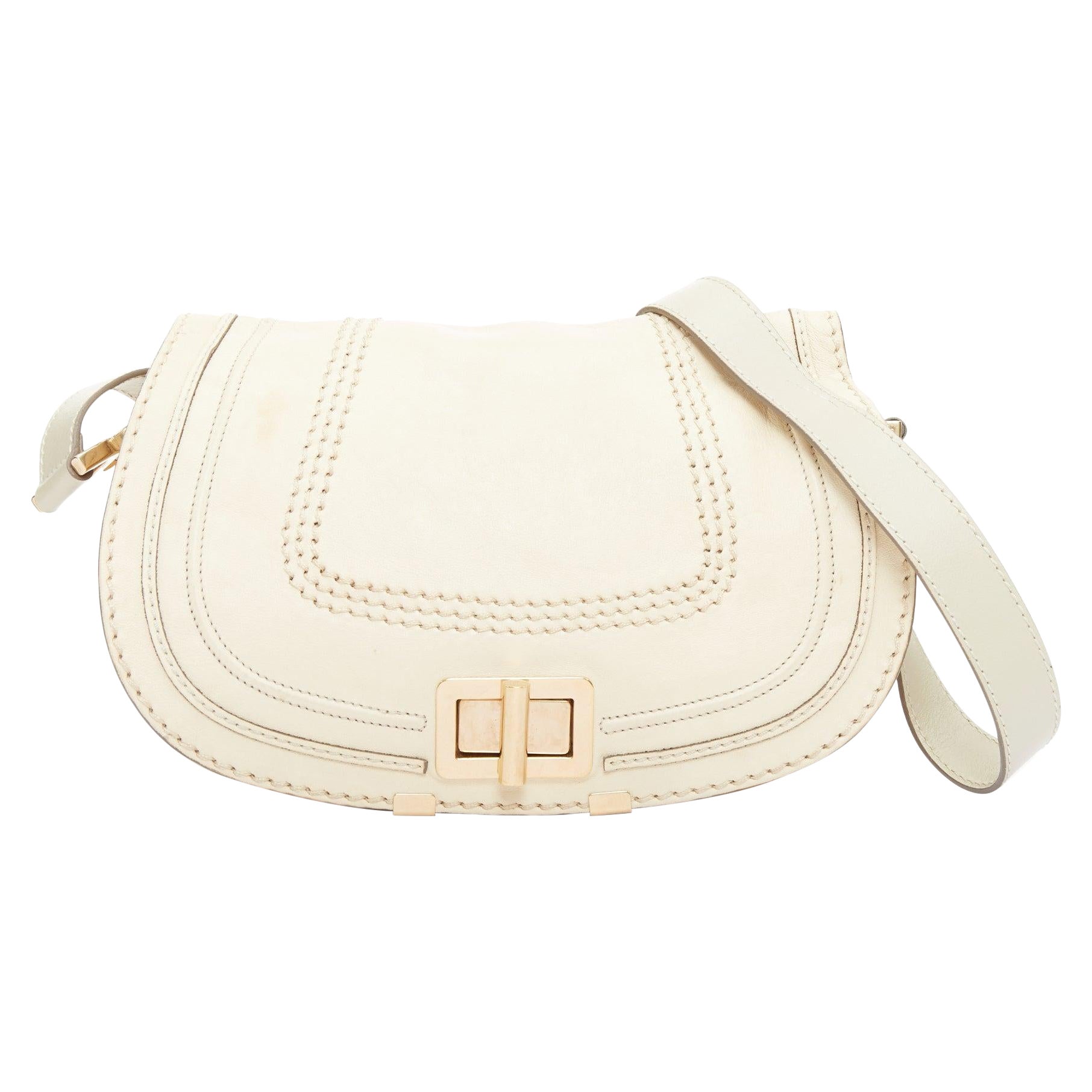 CHLOE Marcie Lock beige leather gold hardware half saddle crossbody bag For Sale
