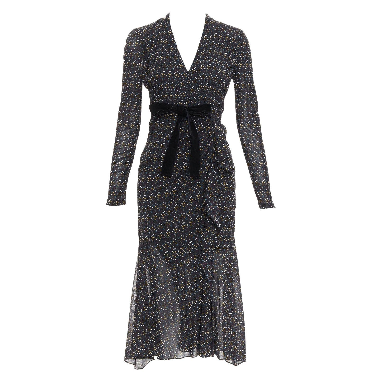 DIANE VON FURSTENBERG black multicolour polka dot bow wrap dress S For Sale