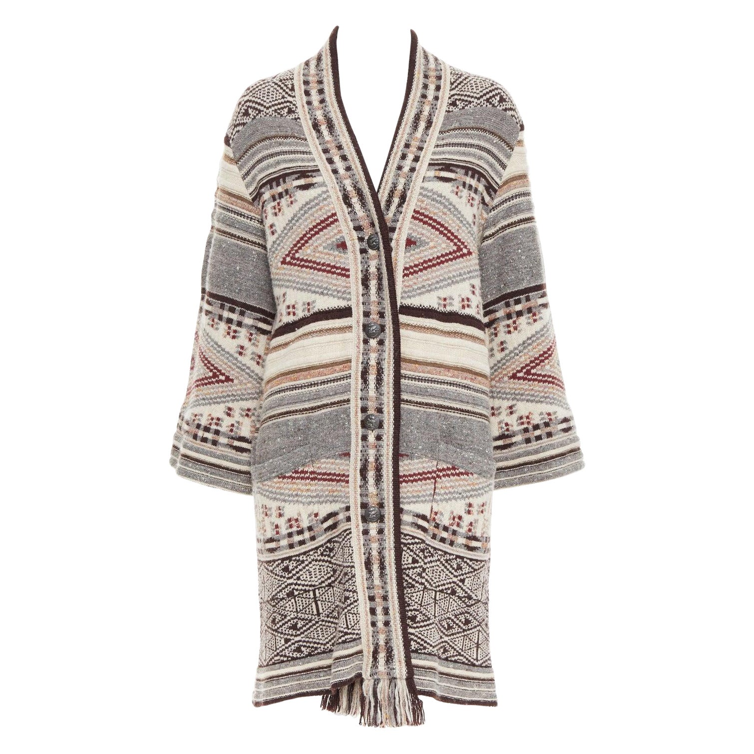 ETRO brown burgundy nude wool silk ethnic knit cardigan coat IT40 S For Sale