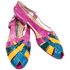 New Snakeskin Vintage Manolo Blahnik London Color Block 1980's Shoes Sandals 39 5