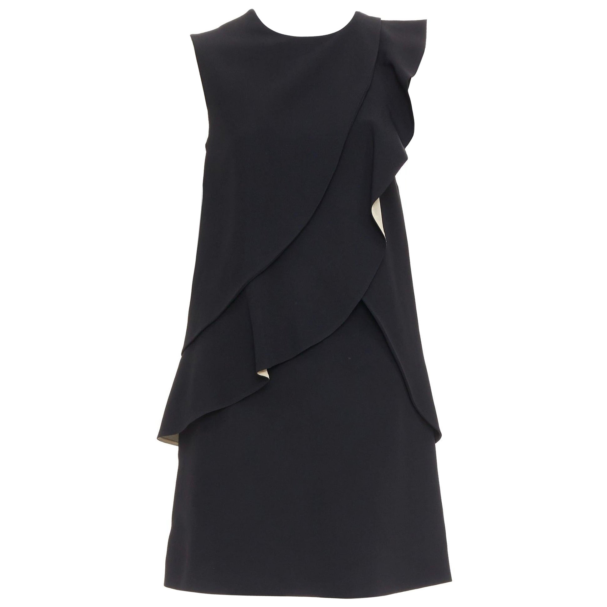 CHLOE black crepe cream silk trim asymmetric ruffle shift dress FR36 S For Sale
