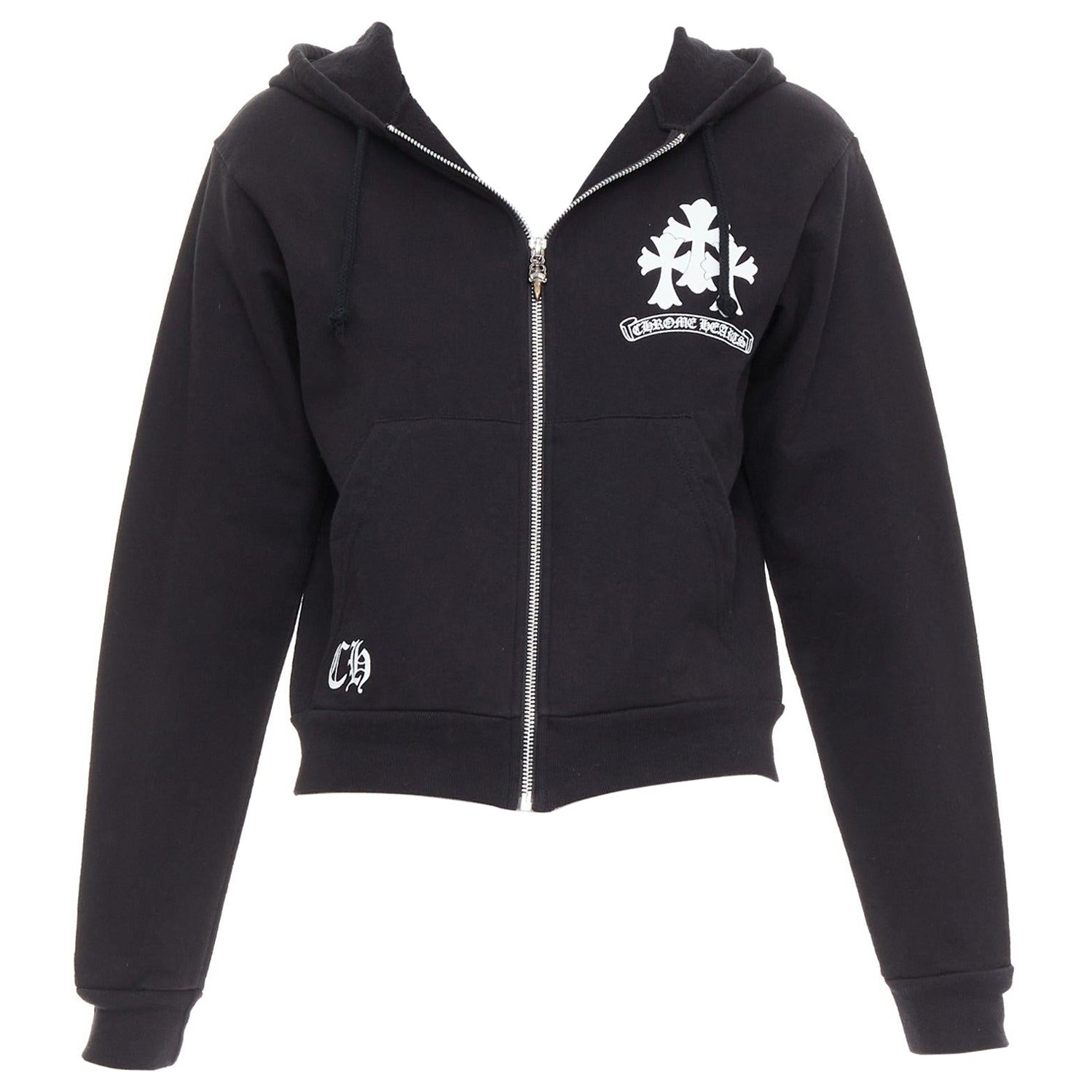 CHROME HEARTS black Triple Cemetery Cross CH print cropped hoodie M For Sale