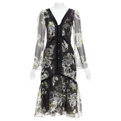 ERDEM 2016 Makayla black grey 100% silk floral back cut out  dress UK6 XS