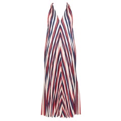 TOME beige red navy chevron print pleated V neck black trim midi dress S