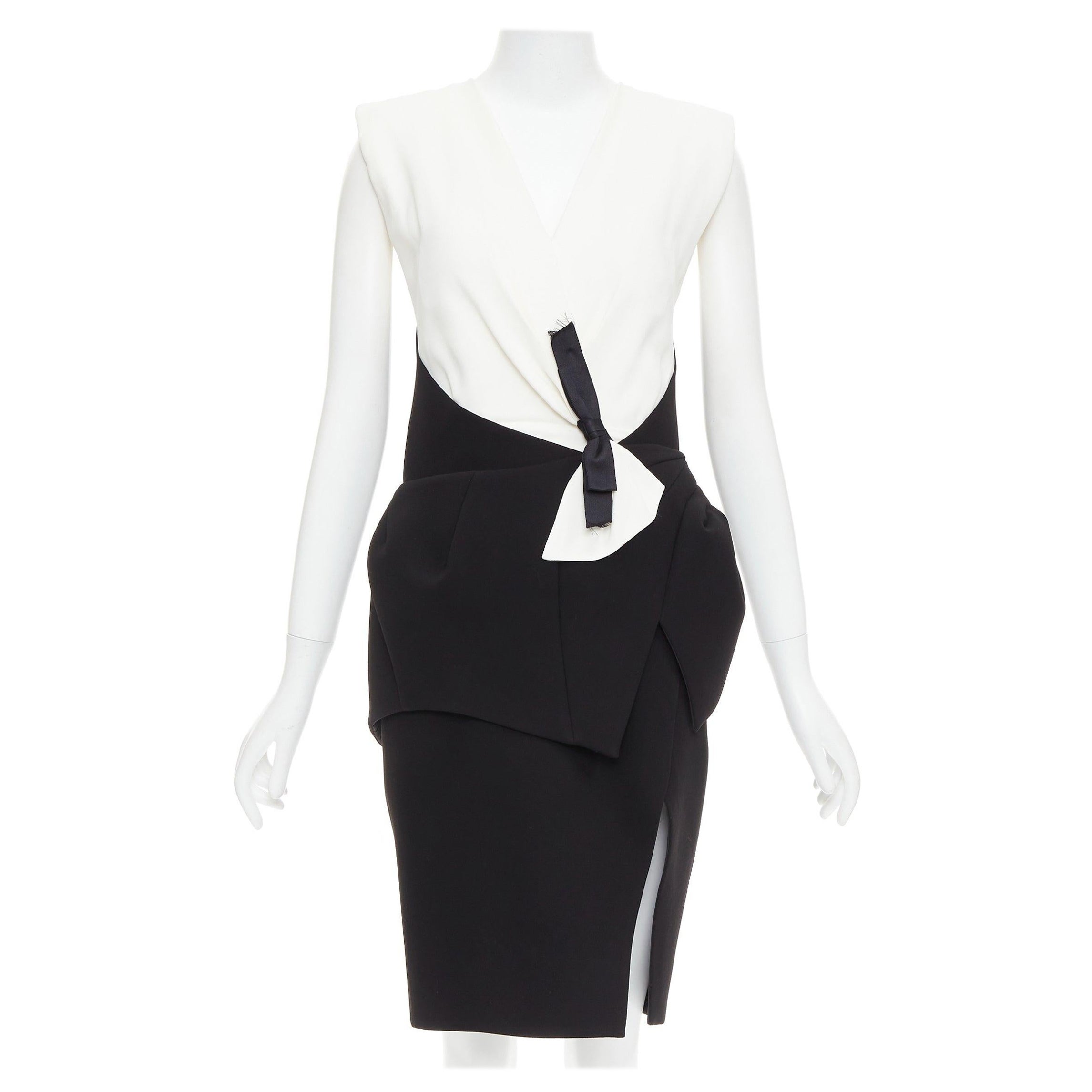 BALENCIAGA 2008 Runway black cream twist bow drape peplum hi-slit dress FR38 M For Sale