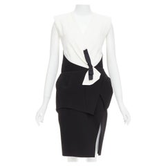 BALENCIAGA 2008 Runway black cream twist bow drape peplum hi-slit dress FR38 M