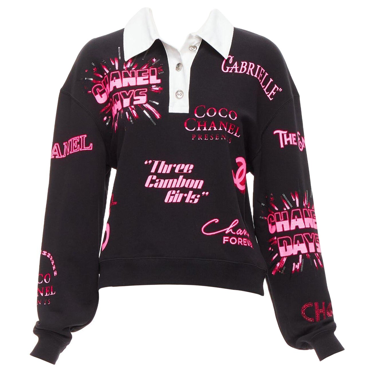 CHANEL neon pink black CC logo graphic cotton 5 silver button polo shirt S For Sale