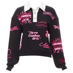 CHANEL neon pink black CC logo graphic cotton 5 silver button polo shirt S