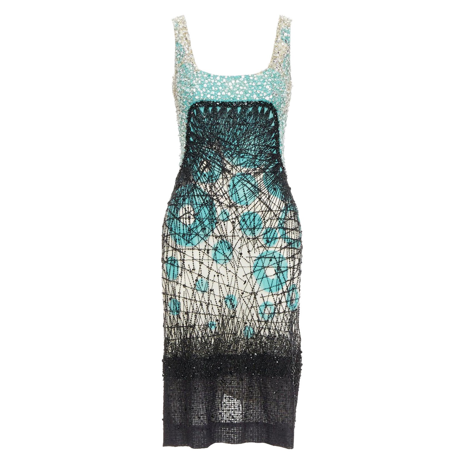 CAROLINA HERRERA teal green cream black silk fully beaded crystal dress US2 S For Sale
