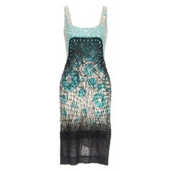 CAROLINA HERRERA teal green cream black silk fully beaded crystal dress US2 S