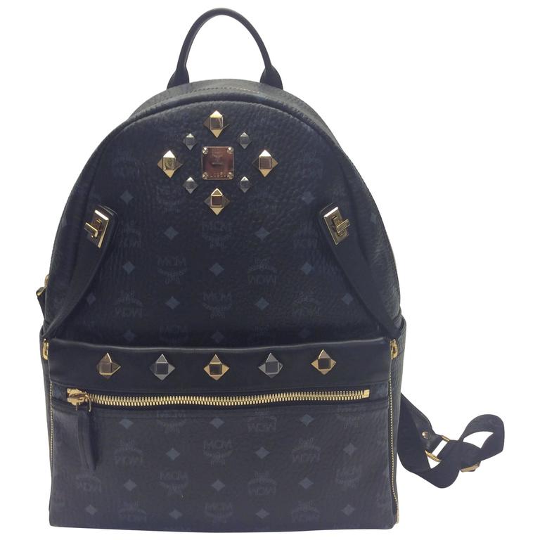 MCM Leather Logo Studded Black Backpack For Sale at 1stDibs