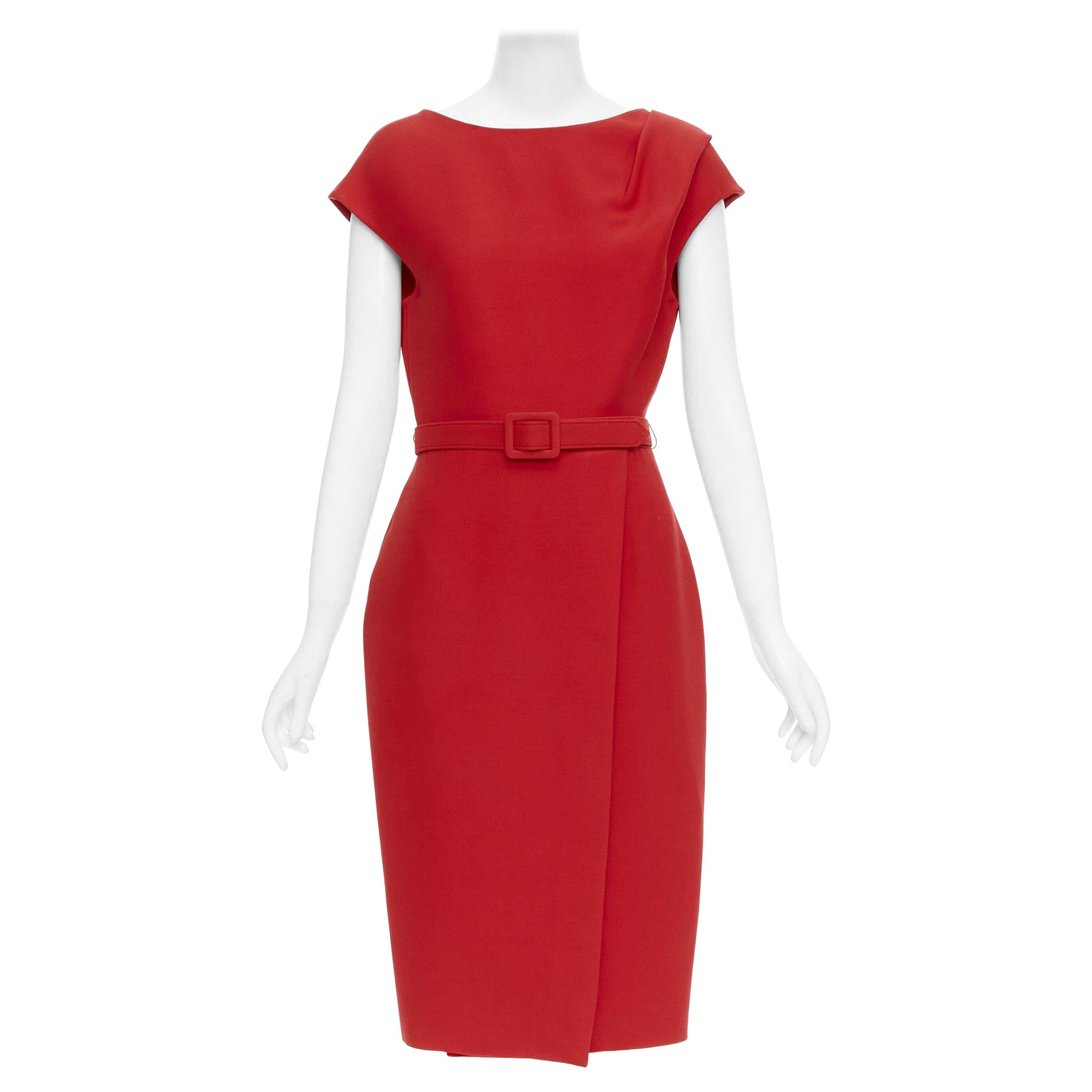 OSCAR DE LA RENTA R19 red wool silk cap sleeve belted sheath dress US8 L For Sale