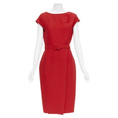 OSCAR DE LA RENTA R19 red wool silk cap sleeve belted sheath dress US8 L