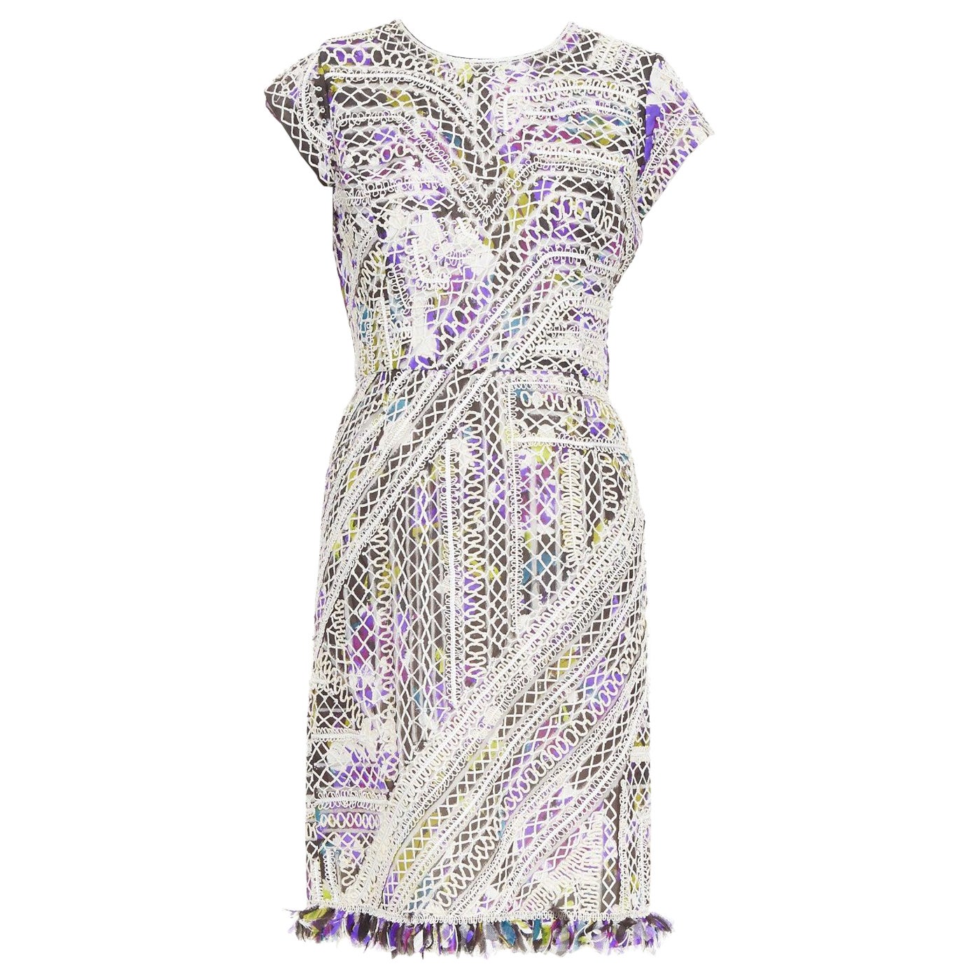OSCAR DE LA RENTA Runway purple silk embroidery anglais fringe hem dress US6 M For Sale