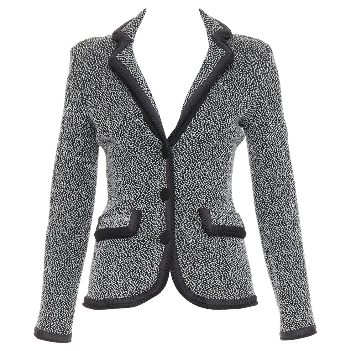 EMPORIO ARMANI silver lurex boucle applique black trim knit blazer IT40 S For Sale