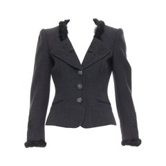 EMPORIO ARMANI grey virgin wool fur trim totem applique crop blazer IT42 M