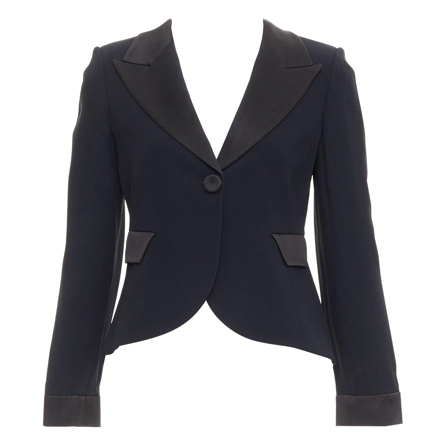 EMPORIO ARMANI black satin peak lapel cropped tuxedo blazer IT40 S For Sale
