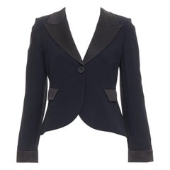 EMPORIO ARMANI black satin peak lapel cropped tuxedo blazer IT40 S