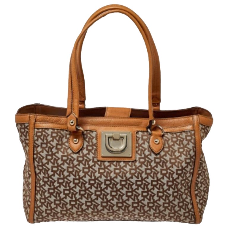 Dkny Beige/Tan Signature Canvas and Leather Tote For Sale