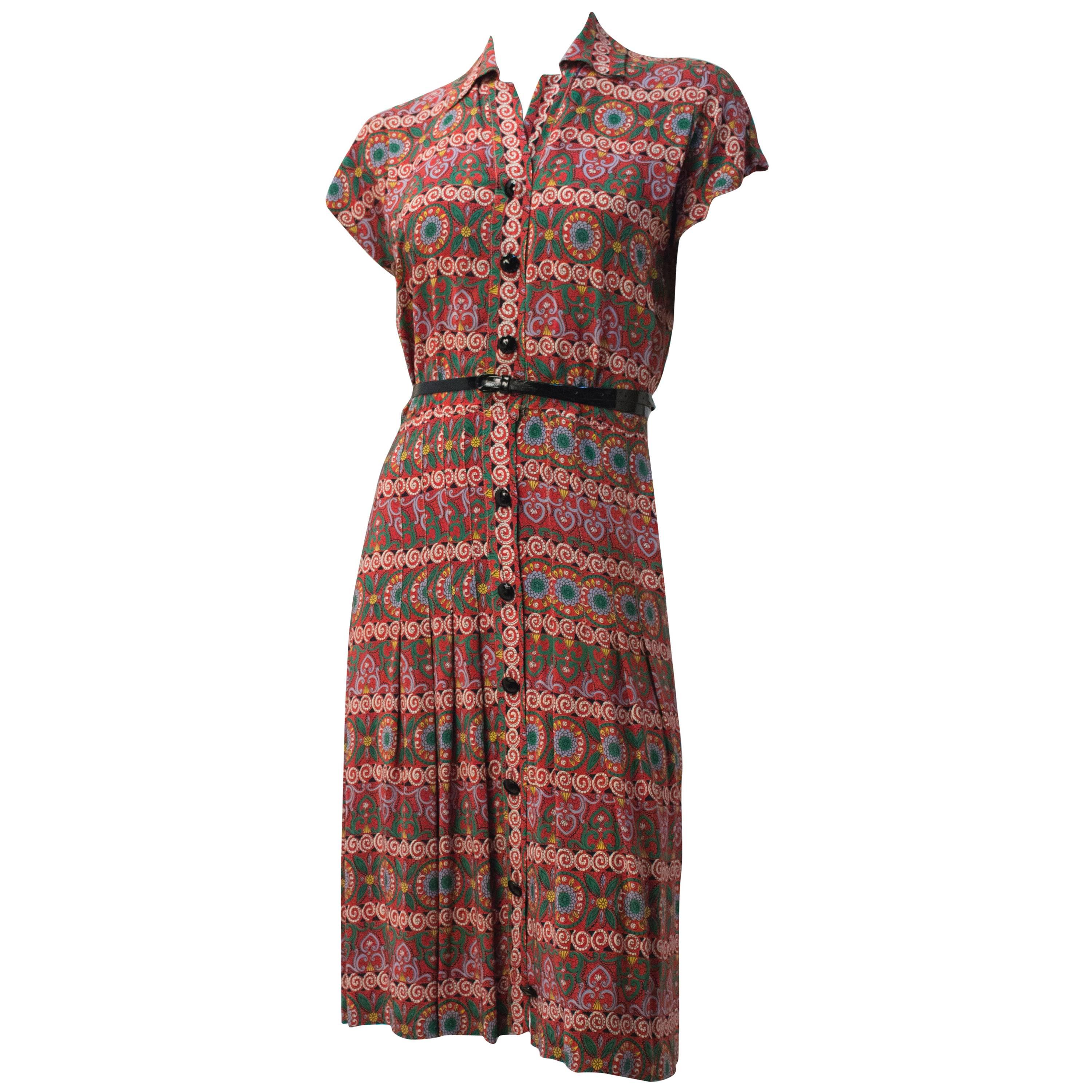 40s Printed Rayon Pleated Dress