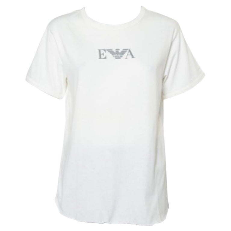 Emporio Armani White Cotton Logo Printed Crewneck T-Shirt L For Sale