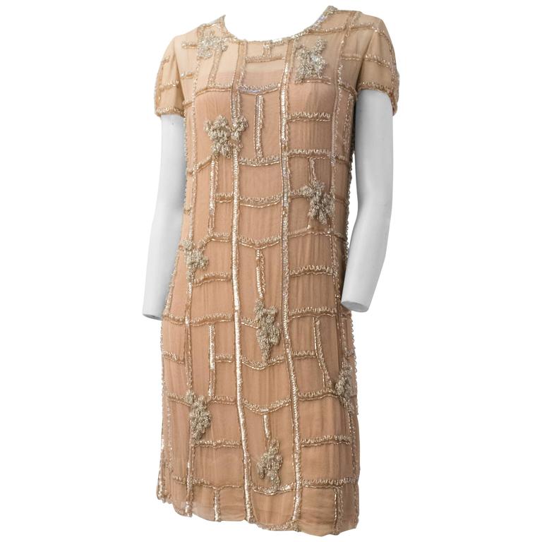 60s Malcom Starr Beaded Nude Cocktail Dress For Sale