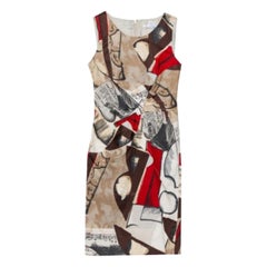 Oscar de la Renta Brown Musical Printed Cotton Sleeveless Sheath Dress S