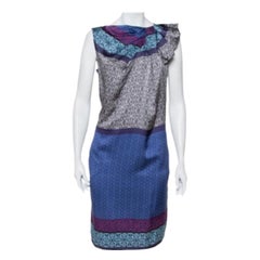 Emporio Armani Blue Printed Silk Draped Neck Detail Shift Dress M