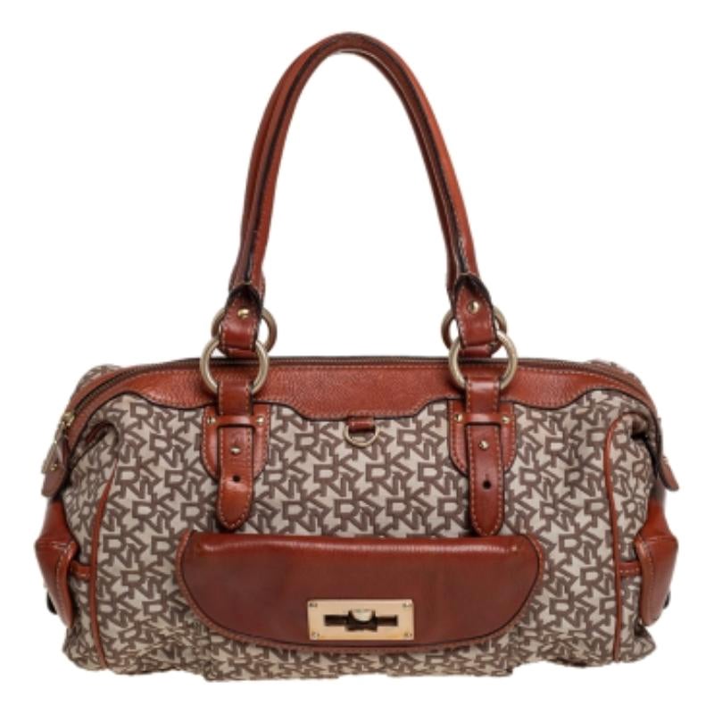 DKNY Beige/Brown Signature Canvas and Leather Satchel For Sale
