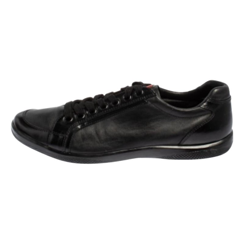 Prada Sport Black Leather And Patent Lace Up Sneakers Size 41 For Sale