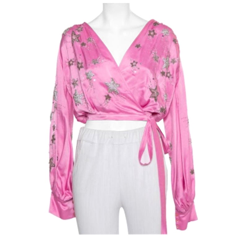 Attico Pink Satin Bead Embellished Wrap Blouse S For Sale