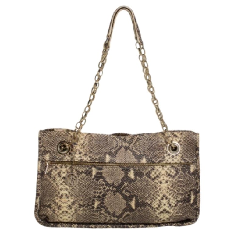 DKNY Beige/Black Snakeskin Embossed Leather  Chain Shoulder Bag For Sale