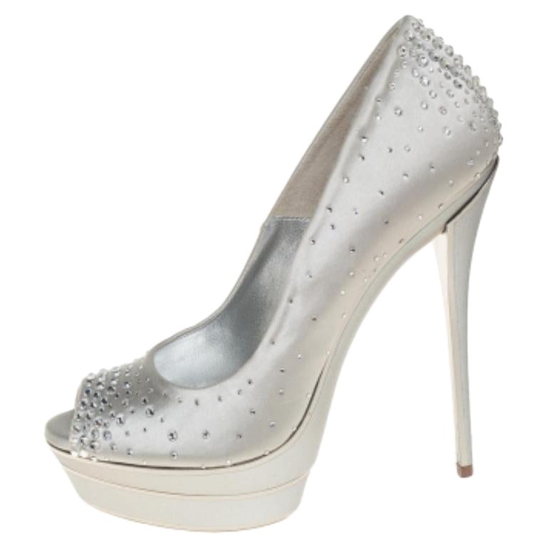 Loriblu Silver Satin Crystal Embellished Peep Toe Platform Pumps Size 38 For Sale