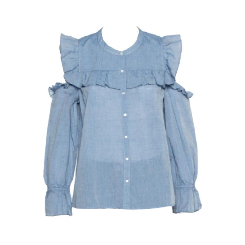 Joie Blue Cotton Cold Shoulder Ruffled Button Front Akari Top M For Sale