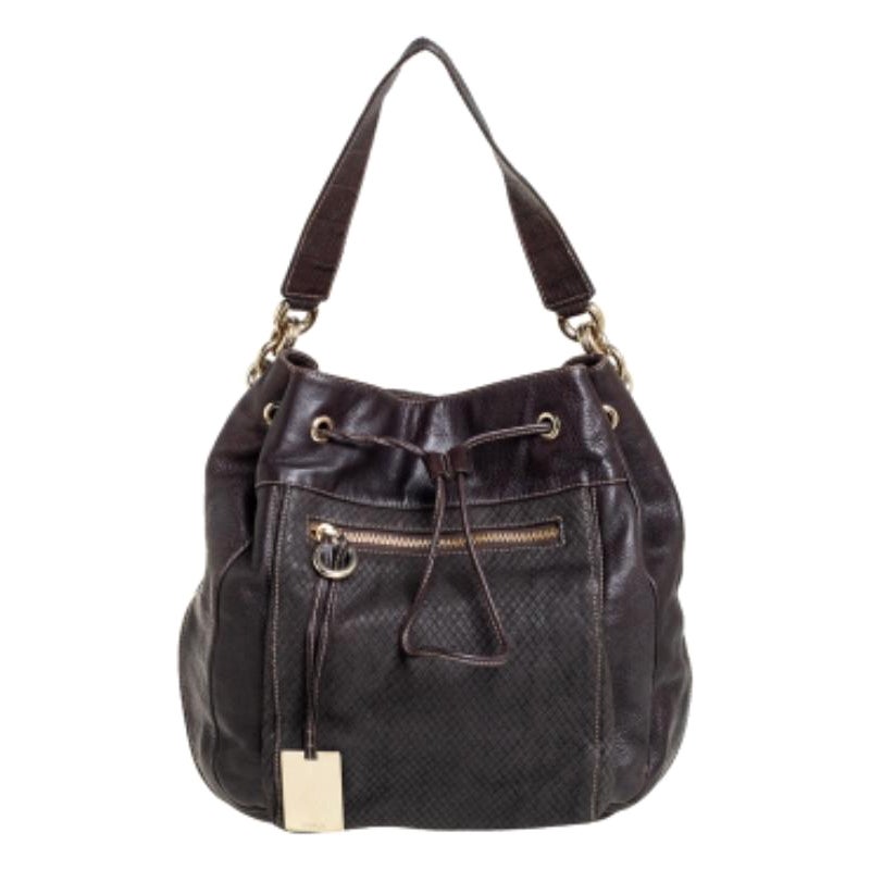 Furla Dark Brown Leather Drawstring Hobo For Sale
