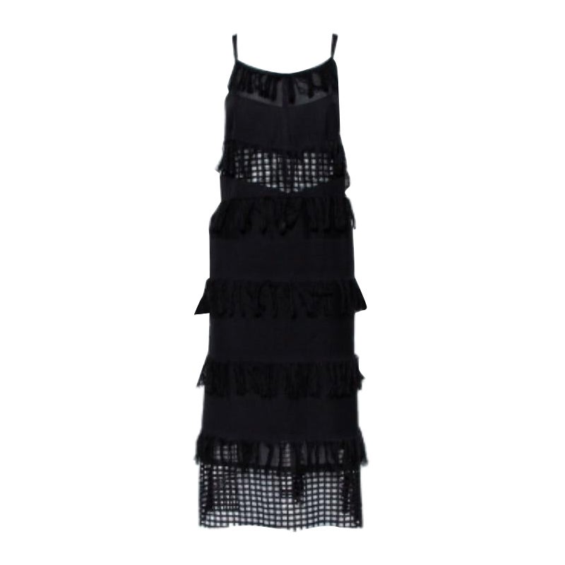 Sea Black Cotton Cutwork Paneled Fringed Midi Dress M For Sale
