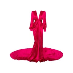 Ong-Oaj Pairam Fuschia Pink Silk Satin Plunge Neck Trail Detail Angelica Gown M