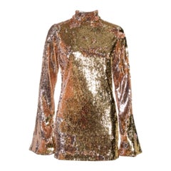 Halpern Gold Sequin Embellished Knit Bell Sleeve Detail Mini Dress S