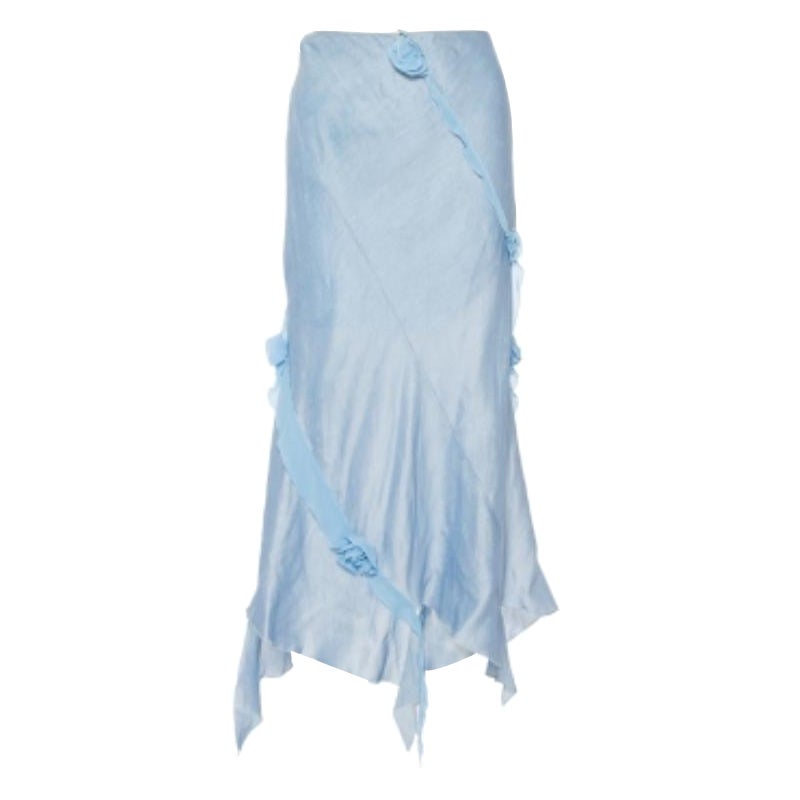 Emporio Armani Blue Linen & Silk Floral Applique Trim Detail Midi Skirt M For Sale