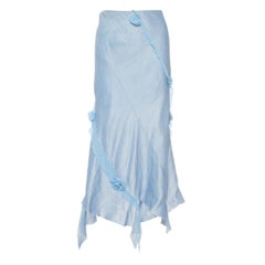 Emporio Armani Blue Linen & Silk Floral Applique Trim Detail Midi Skirt M