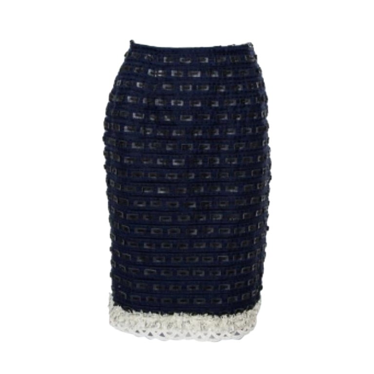 Oscar de la Renta Navy Blue Synthetic & Faux Leather Trim Pencil Skirt M For Sale