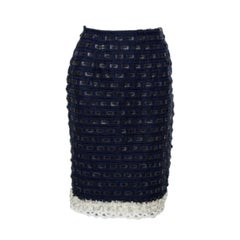 Oscar de la Renta Navy Blue Synthetic & Faux Leather Trim Pencil Skirt M