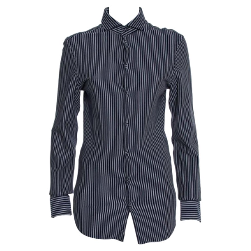Emporio Armani Navy Blue Striped Cotton Knit Button Front Shirt S For Sale