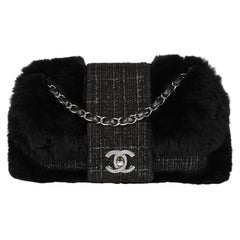 CHANEL Black Fantasy Fur & Grey Tweed Medium Classic Single Flap Bag