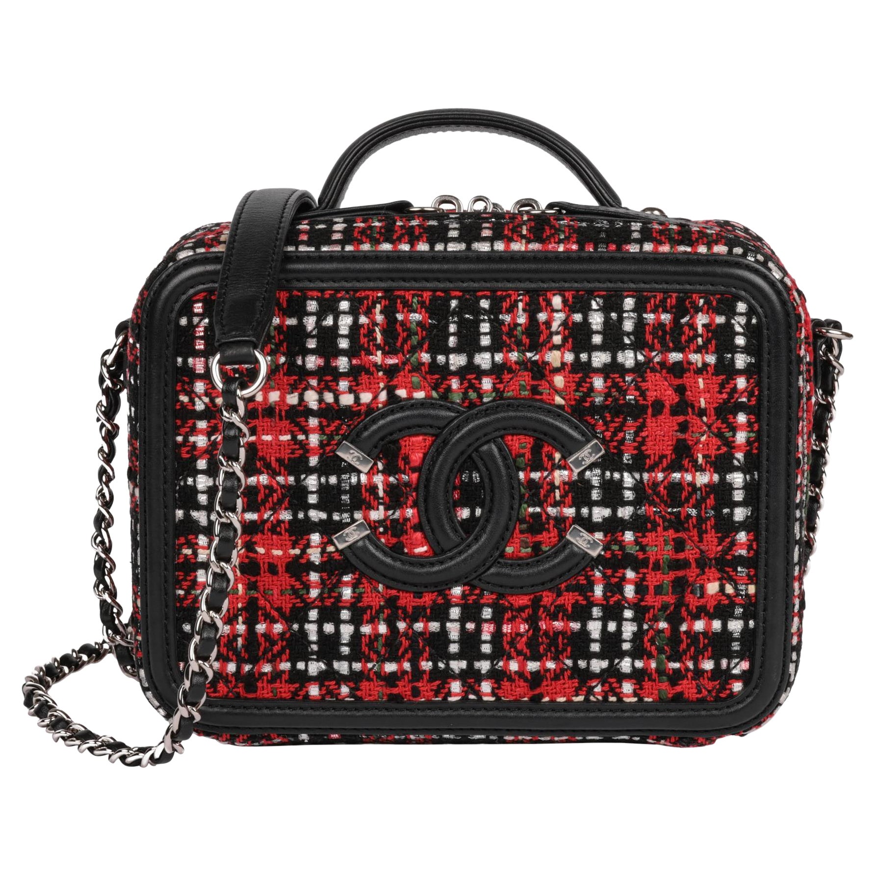 CHANEL Red Tweed & Black Lambskin Leather Small Filigree Vanity Case